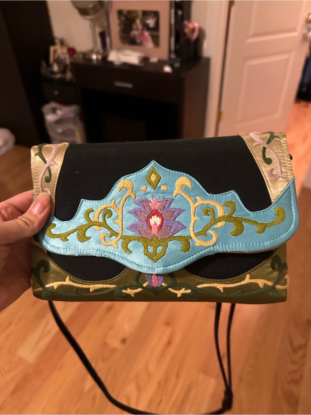 Embroidered Floral Accent Crossbody Bag in Black and Light Blue